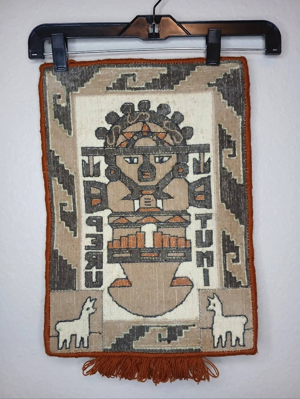 Vintage Peruvian Textile Wall Hanging with Tribal Figure - Brown & Cream